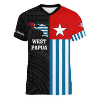 Personalised West Papua Women V Neck T Shirt Polynesian Pattern With Coat Of Arms LT05 Female Blue - Polynesian Pride