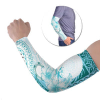Samoa Siapo Pattern With Teal Hibiscus Arm Sleeves - Polynesian Pride