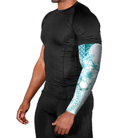 Samoa Siapo Pattern With Teal Hibiscus Arm Sleeves - Polynesian Pride