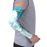 Samoa Siapo Pattern With Teal Hibiscus Arm Sleeves - Polynesian Pride