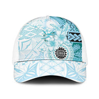 Samoa Siapo Pattern With Teal Hibiscus Baseball Net Cap LT05 One Size White Teal - Polynesian Pride