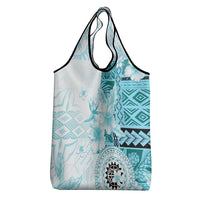 Samoa Siapo Pattern With Teal Hibiscus Grocery Bag LT05 - Polynesian Pride