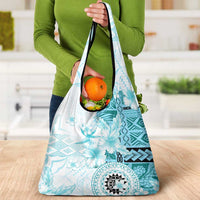 Samoa Siapo Pattern With Teal Hibiscus Grocery Bag LT05 - Polynesian Pride