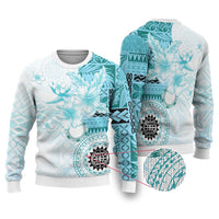 Samoa Siapo Pattern With Teal Hibiscus Ugly Christmas Sweater LT05 Teal - Polynesian Pride