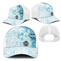 Samoa Siapo Pattern With Teal Hibiscus Mesh Trucker Cap LT05 - Polynesian Pride