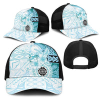Samoa Siapo Pattern With Teal Hibiscus Mesh Trucker Cap LT05 - Polynesian Pride