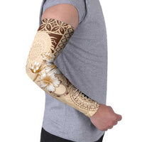 Samoa Siapo Pattern With Beige Hibiscus Arm Sleeves - Polynesian Pride