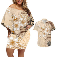 Samoa Siapo Pattern With Beige Hibiscus Couples Matching Off Shoulder Short Dress and Hawaiian Shirt - LT05 Beige - Polynesian Pride