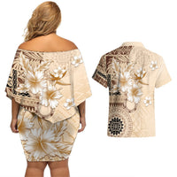 Samoa Siapo Pattern With Beige Hibiscus Couples Matching Off Shoulder Short Dress and Hawaiian Shirt - LT05 - Polynesian Pride