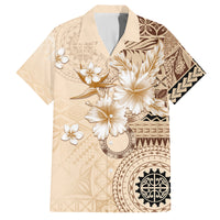 Samoa Siapo Pattern With Beige Hibiscus Family Matching Off Shoulder Short Dress and Hawaiian Shirt LT05 Dad's Shirt - Short Sleeve Beige - Polynesian Pride