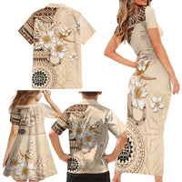 Samoa Siapo Pattern With Beige Hibiscus Family Matching Short Sleeve Bodycon Dress and Hawaiian Shirt LT05 - Polynesian Pride