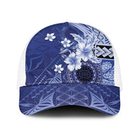 Samoa Siapo Pattern With Navy Hibiscus Baseball Net Cap LT05 One Size White Navy - Polynesian Pride