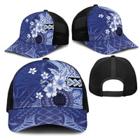Samoa Siapo Pattern With Navy Hibiscus Mesh Trucker Cap LT05 - Polynesian Pride