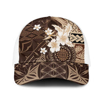 Samoa Siapo Pattern With Brown Hibiscus Baseball Net Cap LT05 One Size White Brown - Polynesian Pride