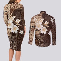 Samoa Siapo Pattern With Brown Hibiscus Couples Matching Long Sleeve Bodycon Dress and Long Sleeve Button Shirt LT05