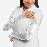 Samoa Siapo Pattern With White Hibiscus Arm Sleeves - Polynesian Pride