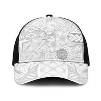 Samoa Siapo Pattern With White Hibiscus Baseball Net Cap LT05 One Size Black White - Polynesian Pride