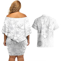 Samoa Siapo Pattern With White Hibiscus Couples Matching Off Shoulder Short Dress and Hawaiian Shirt LT05 - Polynesian Pride