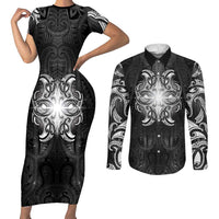 New Zealand Matariki Couples Matching Short Sleeve Bodycon Dress and Long Sleeve Button Shirt Maori Moko Black Galaxy