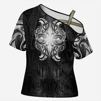 New Zealand Matariki Cross Shoulder Shirt Maori Moko Black Galaxy LT05 Female Black - Polynesian Pride