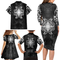 New Zealand Matariki Family Matching Long Sleeve Bodycon Dress and Hawaiian Shirt Maori Moko Black Galaxy