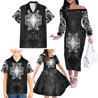 New Zealand Matariki Family Matching Off The Shoulder Long Sleeve Dress and Hawaiian Shirt Maori Moko Black Galaxy