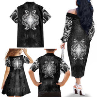 New Zealand Matariki Family Matching Off The Shoulder Long Sleeve Dress and Hawaiian Shirt Maori Moko Black Galaxy