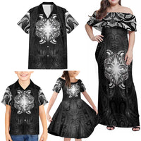 New Zealand Matariki Family Matching Off Shoulder Maxi Dress and Hawaiian Shirt Maori Moko Black Galaxy