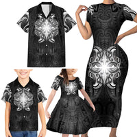 New Zealand Matariki Family Matching Short Sleeve Bodycon Dress and Hawaiian Shirt Maori Moko Black Galaxy