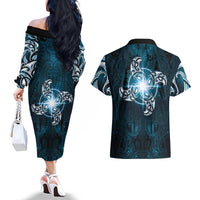 New Zealand Matariki Waita Couples Matching Off The Shoulder Long Sleeve Dress and Hawaiian Shirt Maori Moko Dark Blue Galaxy