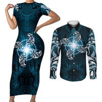 New Zealand Matariki Waita Couples Matching Short Sleeve Bodycon Dress and Long Sleeve Button Shirt Maori Moko Dark Blue Galaxy