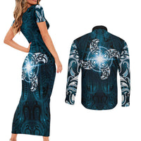 New Zealand Matariki Waita Couples Matching Short Sleeve Bodycon Dress and Long Sleeve Button Shirt Maori Moko Dark Blue Galaxy