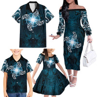 New Zealand Matariki Waita Family Matching Off The Shoulder Long Sleeve Dress and Hawaiian Shirt Maori Moko Dark Blue Galaxy