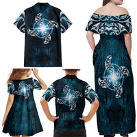 New Zealand Matariki Waita Family Matching Off Shoulder Maxi Dress and Hawaiian Shirt Maori Moko Dark Blue Galaxy