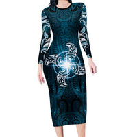 New Zealand Matariki Waita Long Sleeve Bodycon Dress Maori Moko Dark Blue Galaxy LT05 Long Dress Blue - Polynesian Pride