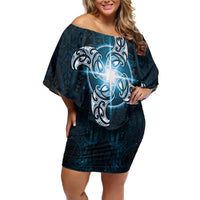 New Zealand Matariki Waita Off Shoulder Short Dress Maori Moko Dark Blue Galaxy LT05 Women Blue - Polynesian Pride
