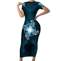 New Zealand Matariki Waita Short Sleeve Bodycon Dress Maori Moko Dark Blue Galaxy LT05 Long Dress Blue - Polynesian Pride
