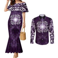 New Zealand Matariki Waipunarangi Couples Matching Mermaid Dress and Long Sleeve Button Shirt Maori Moko Purple Galaxy