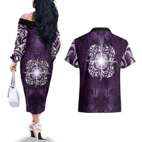 New Zealand Matariki Waipunarangi Couples Matching Off The Shoulder Long Sleeve Dress and Hawaiian Shirt Maori Moko Purple Galaxy