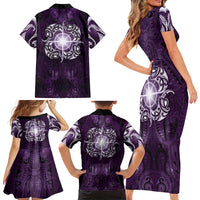 New Zealand Matariki Waipunarangi Family Matching Short Sleeve Bodycon Dress and Hawaiian Shirt Maori Moko Purple Galaxy