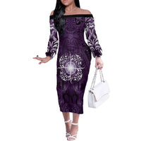 New Zealand Matariki Waipunarangi Off The Shoulder Long Sleeve Dress Maori Moko Purple Galaxy