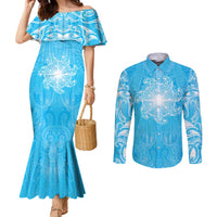 New Zealand Matariki Waiti Couples Matching Mermaid Dress and Long Sleeve Button Shirt Maori Moko Cyan Galaxy
