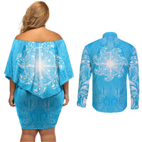 New Zealand Matariki Waiti Couples Matching Off Shoulder Short Dress and Long Sleeve Button Shirt Maori Moko Cyan Galaxy