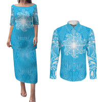 New Zealand Matariki Waiti Couples Matching Puletasi and Long Sleeve Button Shirt Maori Moko Cyan Galaxy
