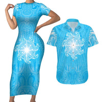 New Zealand Matariki Waiti Couples Matching Short Sleeve Bodycon Dress and Hawaiian Shirt Maori Moko Cyan Galaxy