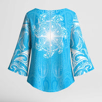 New Zealand Matariki Waiti Kimono Sleeve Blouse Maori Moko Cyan Galaxy LT05 - Polynesian Pride