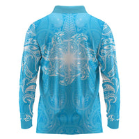 New Zealand Matariki Waiti Long Sleeve Polo Shirt Maori Moko Cyan Galaxy