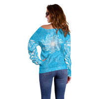 New Zealand Matariki Waiti Off Shoulder Sweater Maori Moko Cyan Galaxy LT05 - Polynesian Pride