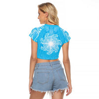 New Zealand Matariki Waiti Raglan Cropped T Shirt Maori Moko Cyan Galaxy LT05 - Polynesian Pride