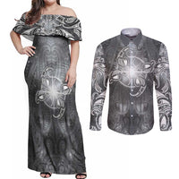 New Zealand Matariki Ururangi Couples Matching Off Shoulder Maxi Dress and Long Sleeve Button Shirt Maori Moko Grey Galaxy